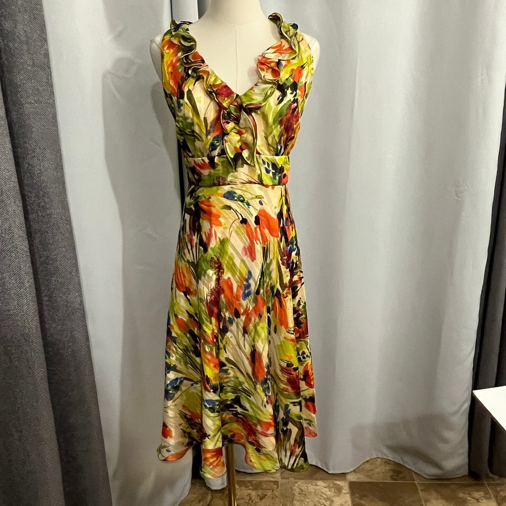 Donna Ricco Floral Midi Dress Womens 10 Yellow Abstract Ruffle Garden Artsy Chic - Picture 2 of 13
